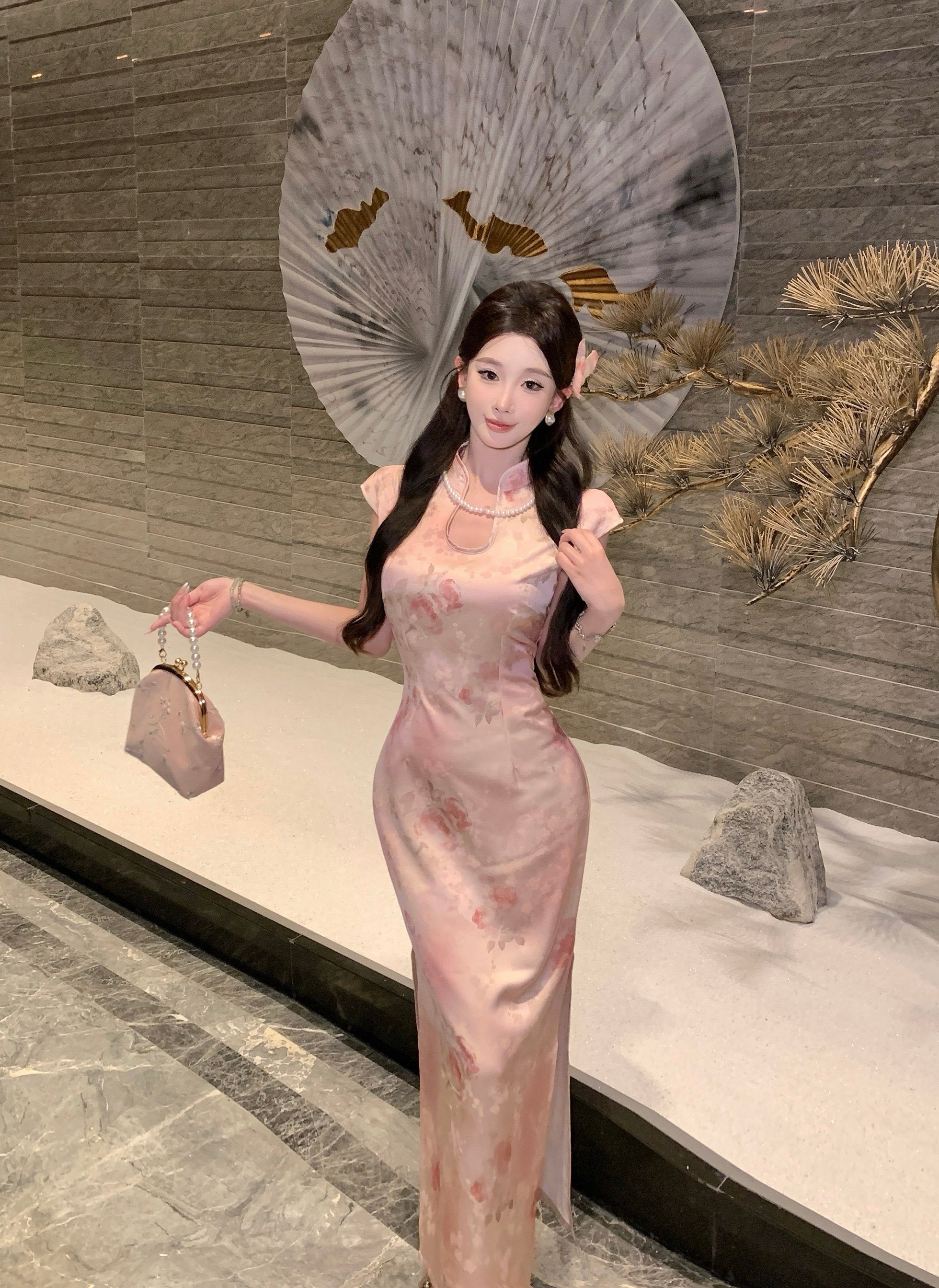 Pink Rose Jacquard Qipao | Keyhole Scalloped Sleeve Dress Hanfu | Authentic Chinese Hanfu Shop - Modern & Traditional Outfit Pink Rose Jacquard Qipao | Keyhole Scalloped Sleeve Dress Hanfu | Authentic Chinese Hanfu Shop - Modern & Traditional Outfit