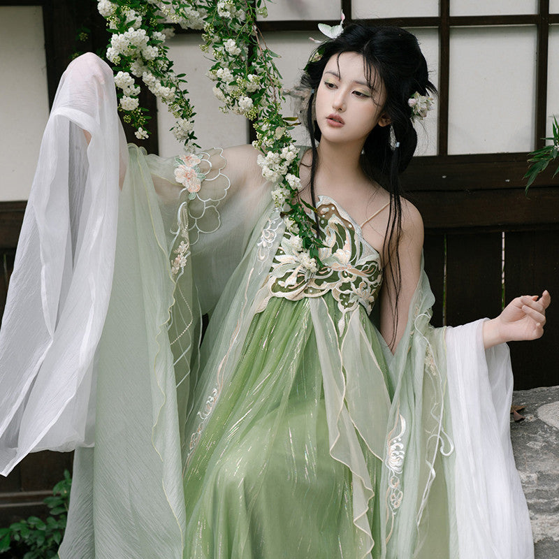 Ethereal Butterfly Embroidery Tang Dynasty Style Hanfu Set - Improved Big-Sleeve Cardigan & Camisole Dress