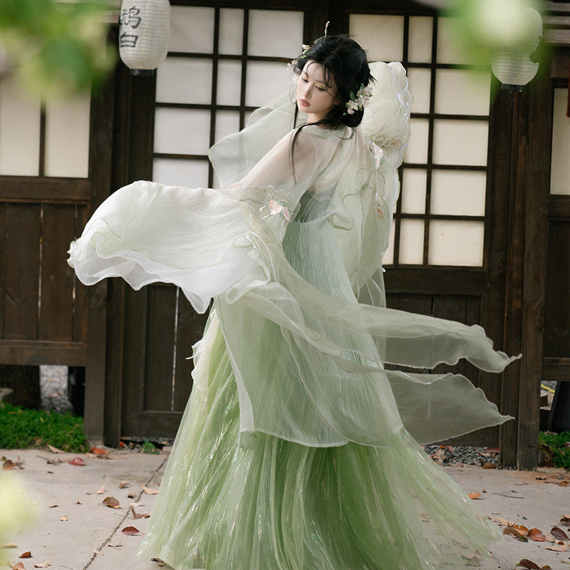 Ethereal Butterfly Embroidery Tang Dynasty Style Hanfu Set - Improved Big-Sleeve Cardigan & Camisole Dress