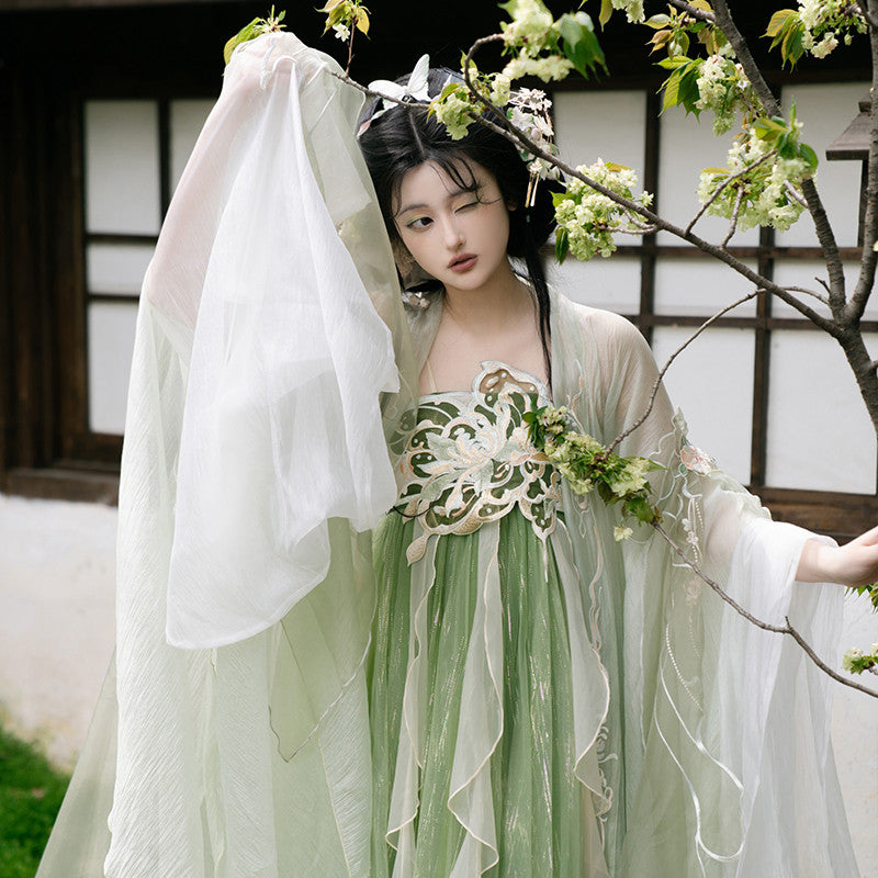 Ethereal Butterfly Embroidery Tang Dynasty Style Hanfu Set - Improved Big-Sleeve Cardigan & Camisole Dress