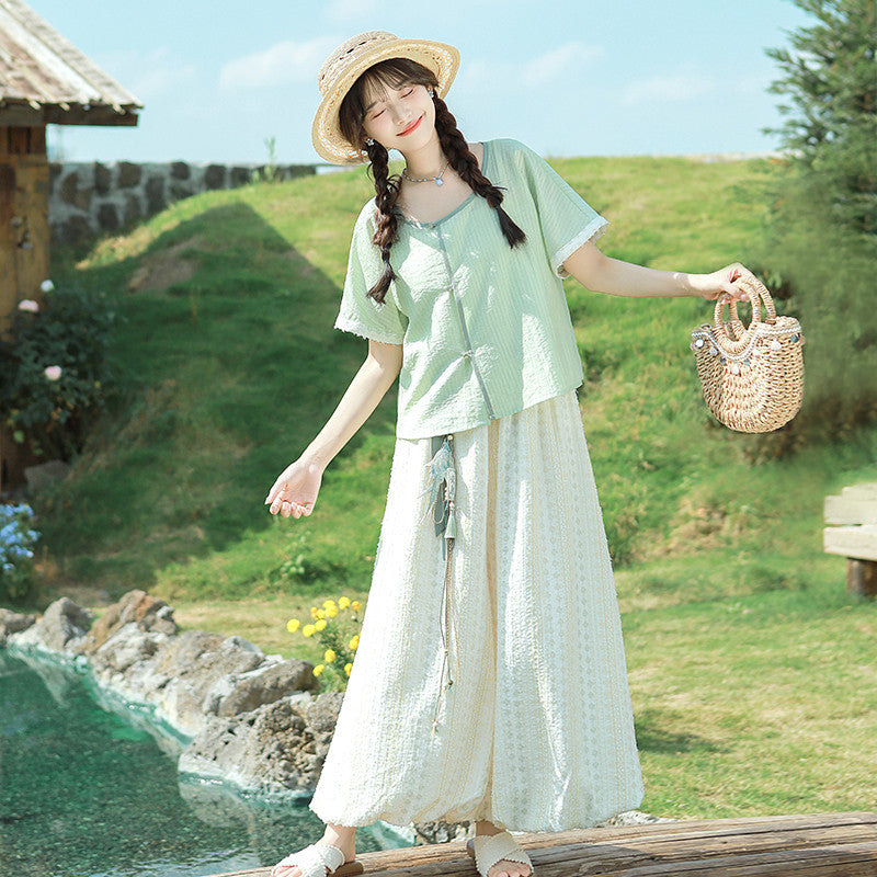 [Chui Qing] Modern Hanfu Set - Summer Round Neck Shirt & Lantern Pants
