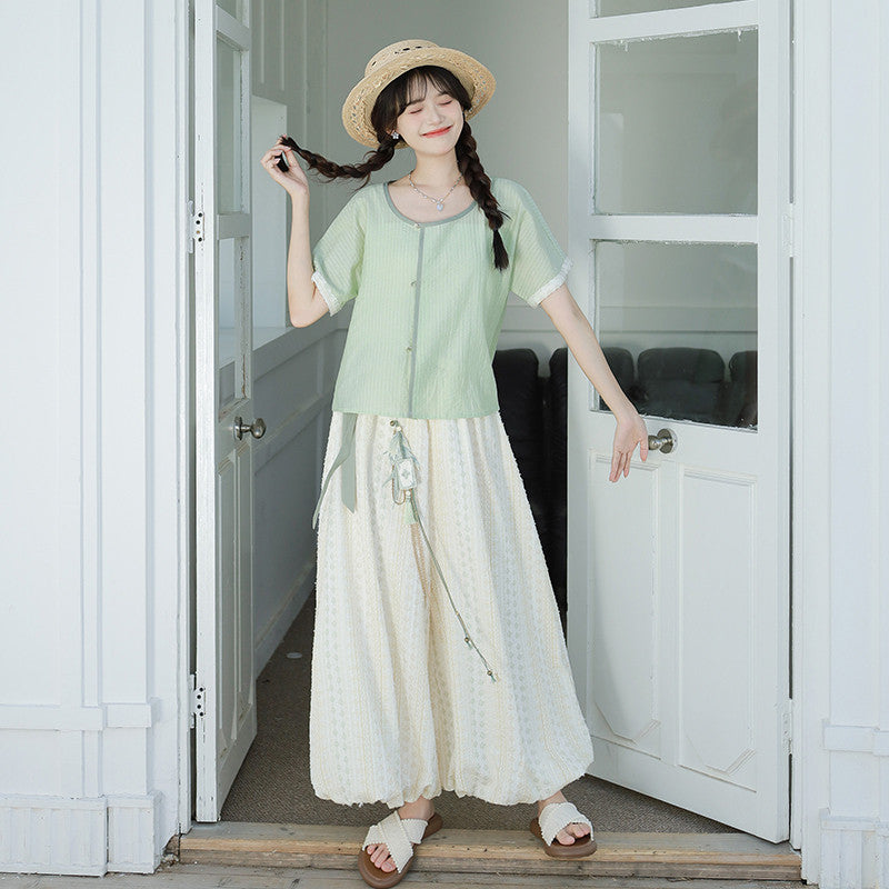 [Chui Qing] Modern Hanfu Set - Summer Round Neck Shirt & Lantern Pants
