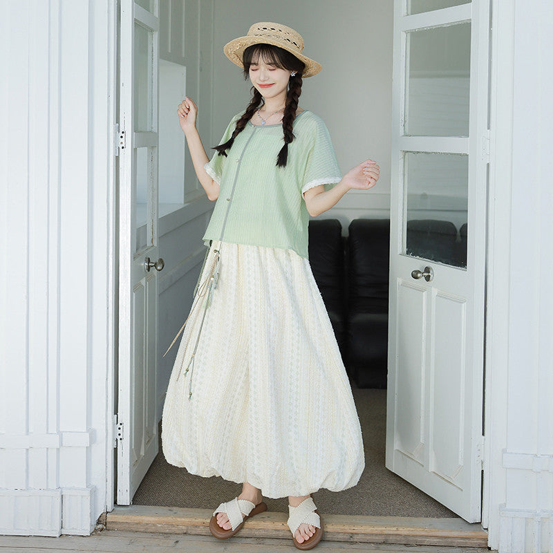 [Chui Qing] Modern Hanfu Set - Summer Round Neck Shirt & Lantern Pants
