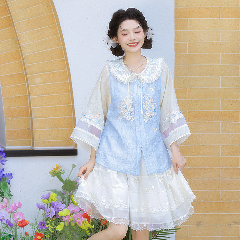 [银鳞] 可爱现代汉服套装 - 圆领衬衫和短裤/半身裙
