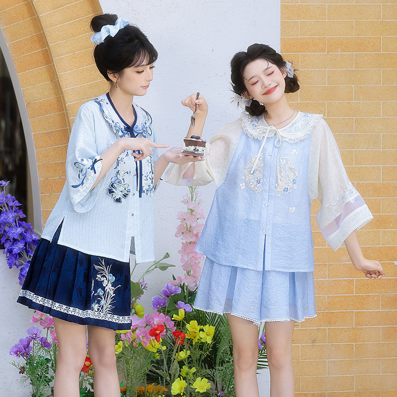 [银鳞] 可爱现代汉服套装 - 圆领衬衫和短裤/半身裙