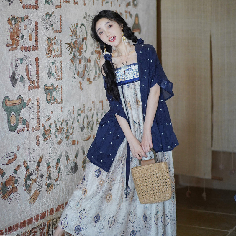 [Pine] Gold-Woven Hanfu: Embroidered Tencel Dress & Ruqun Set