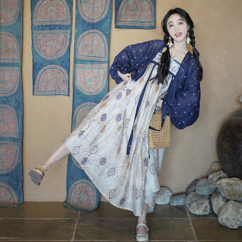 [Pine] Gold-Woven Hanfu: Embroidered Tencel Dress & Ruqun Set