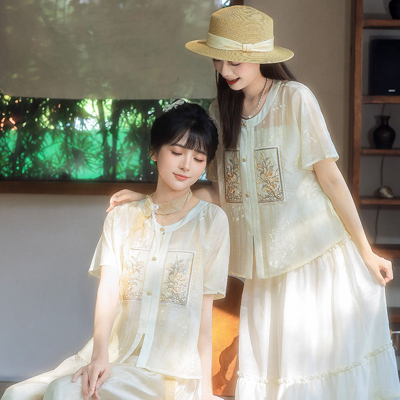 [MoMoYunZhi] Chinese Style Daily Outfit: Improved Hanfu Top & Flowy Song Pants Set - Neo-Chinese Commute Wear