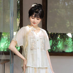 [MoMoYunZhi] Chinese Style Daily Outfit: Improved Hanfu Top & Flowy Song Pants Set - Neo-Chinese Commute Wear