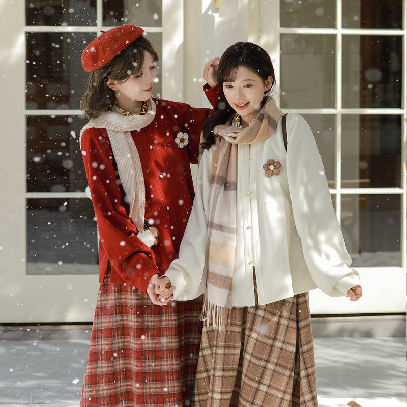 [XingRenKaoNai] Ming Hanfu: Bow-Sleeve Top & Plaid Skirt Set