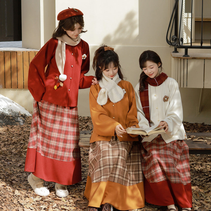 [XingRenKaoNai] Ming Hanfu: Bow-Sleeve Top & Plaid Skirt Set Secondary image