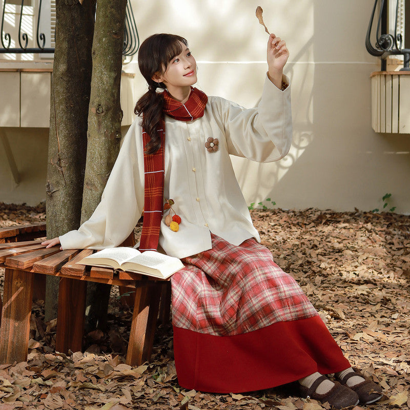 [XingRenKaoNai] Ming Hanfu: Bow-Sleeve Top & Plaid Skirt Set