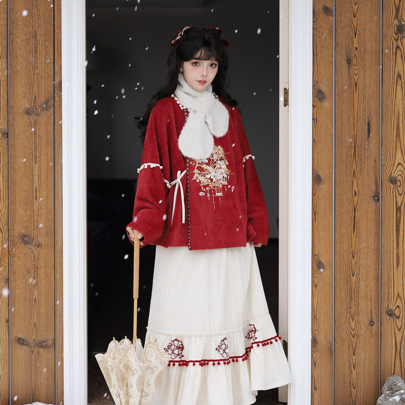 "Wandering Poet" Red Hanfu: Winter Lunar New Year Jacket Set