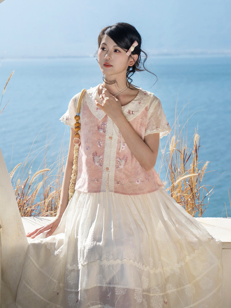 Tian E Meng Modern Hanfu Set - Knit Vest & Square Neck Dress
