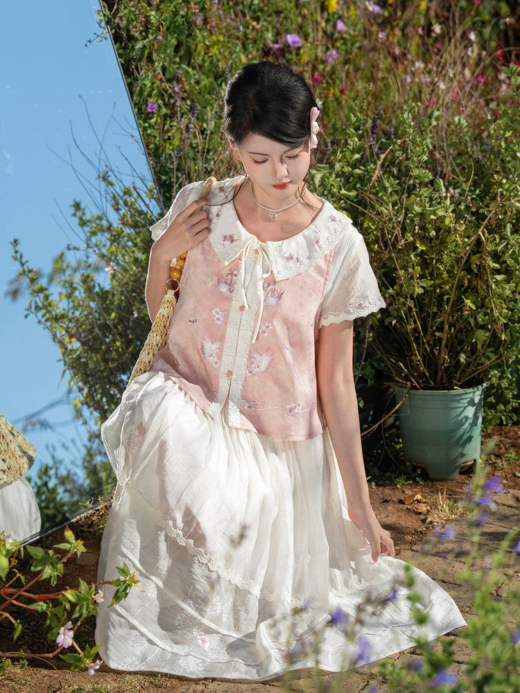 Tian E Meng Modern Hanfu Set - Knit Vest & Square Neck Dress