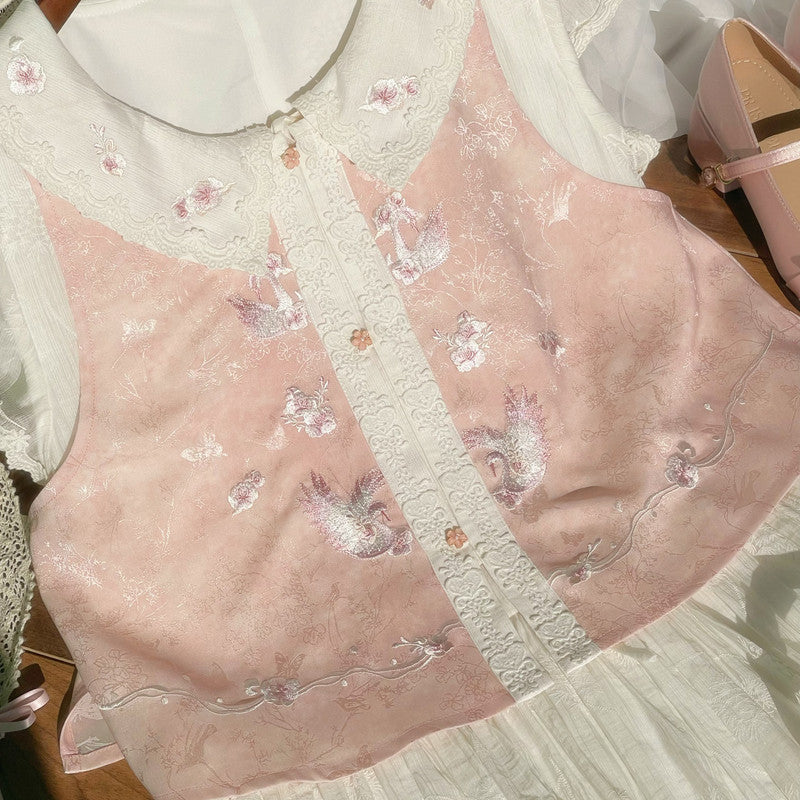 Tian E Meng Modern Hanfu Set - Knit Vest & Square Neck Dress