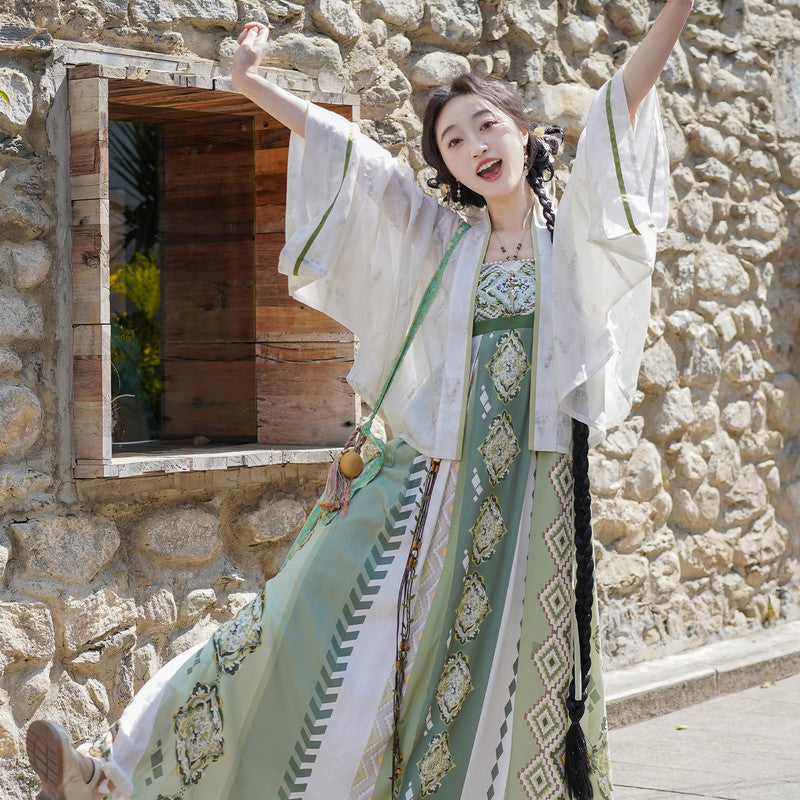 襦敛青汉服套装 - 唐制齐胸襦裙花卉裙