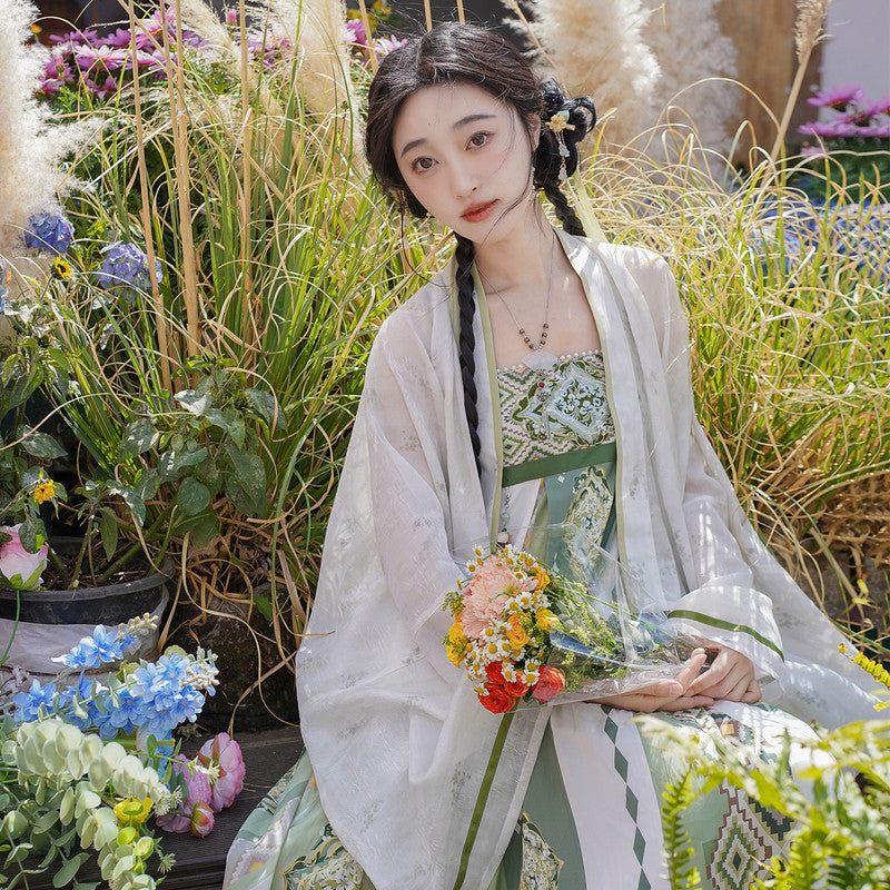 襦敛青汉服套装 - 唐制齐胸襦裙花卉裙