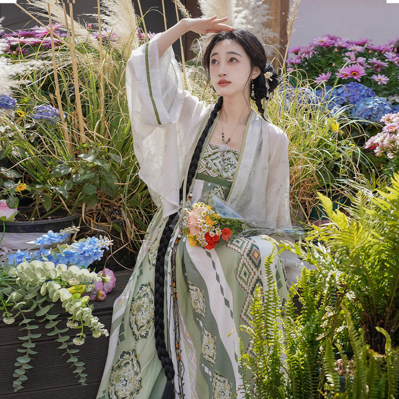 襦敛青汉服套装 - 唐制齐胸襦裙花卉裙
