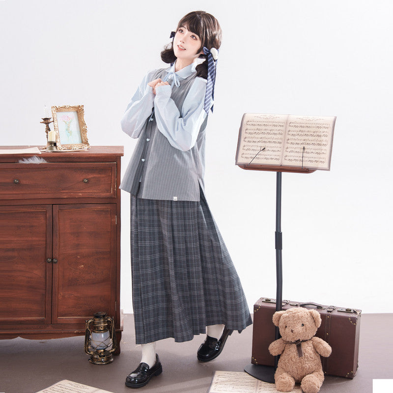 "Flower Island" Preppy Hanfu Set: Vest, Shirt & Mamian Skirt