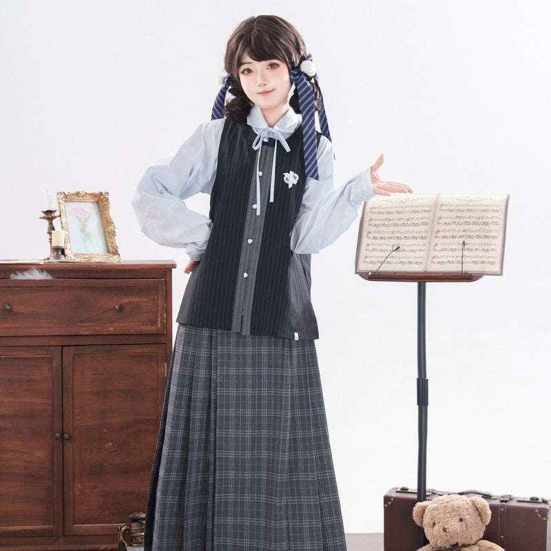"Flower Island" Preppy Hanfu Set: Vest, Shirt & Mamian Skirt