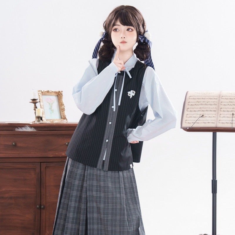 "Flower Island" Preppy Hanfu Set: Vest, Shirt & Mamian Skirt