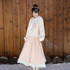 Si Die Pink Plaid Skirt Set - Modern Chinese Style Hoodie & Skirt Outfit - Aesthetic Winter Hanfu