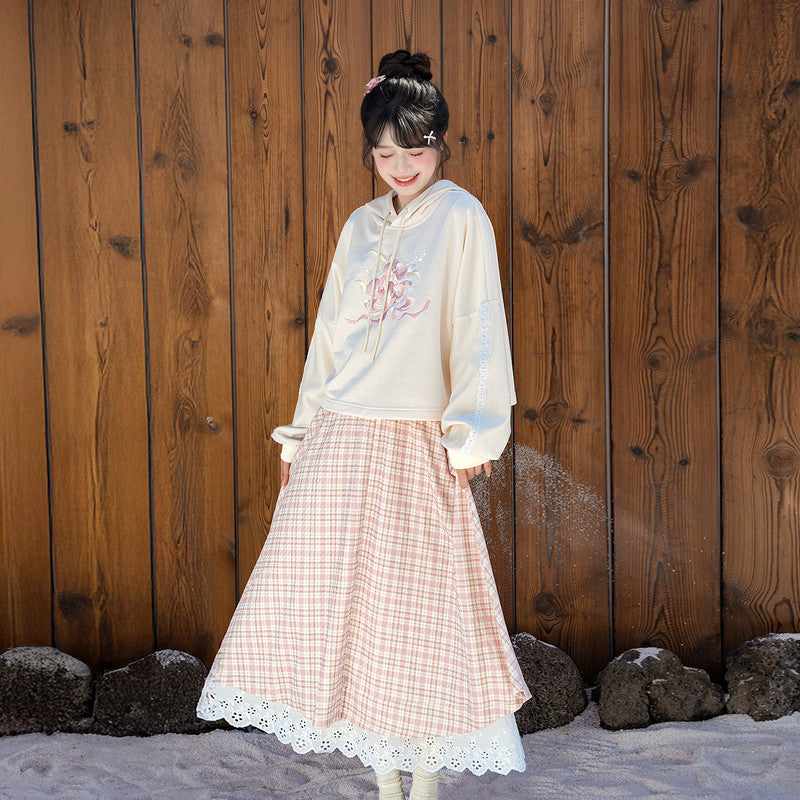 Si Die Pink Plaid Skirt Set - Modern Chinese Style Hoodie & Skirt Outfit - Aesthetic Winter Hanfu