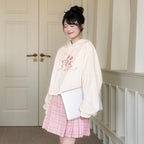 Si Die Pink Plaid Skirt Set - Modern Chinese Style Hoodie & Skirt Outfit - Aesthetic Winter Hanfu