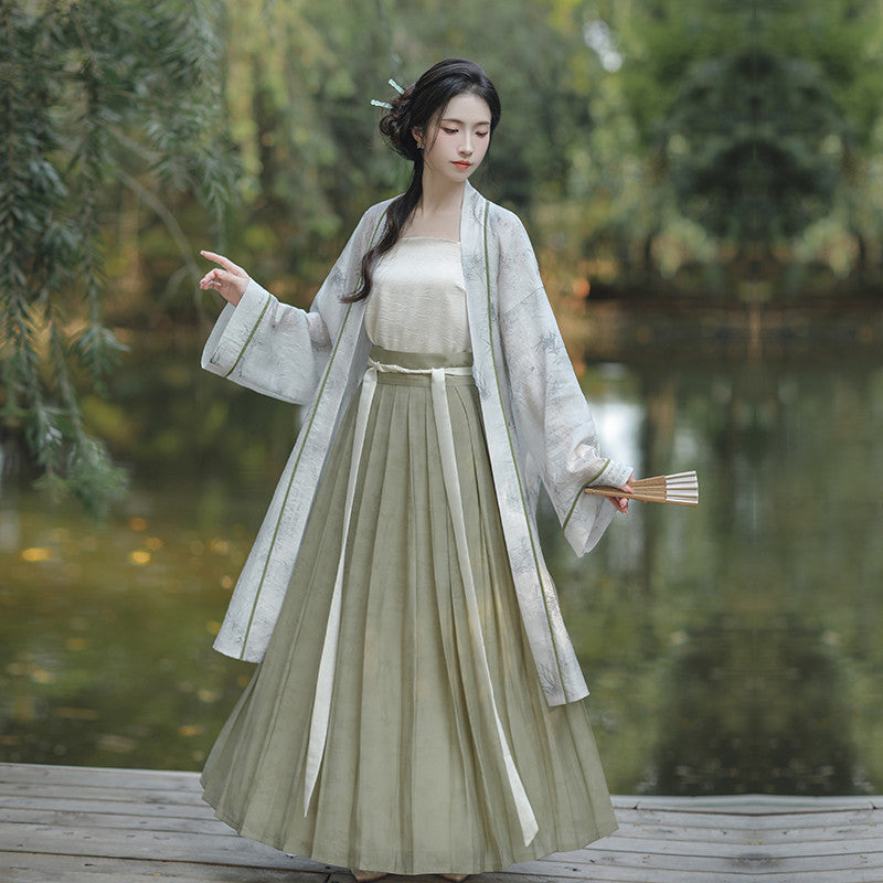 现代汉服宋制套装：水墨印花长开衫 & 百褶半身长裙 - “山水画”系列