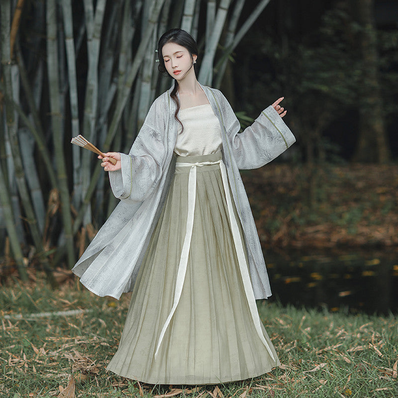 现代汉服宋制套装：水墨印花长开衫 & 百褶半身长裙 - “山水画”系列