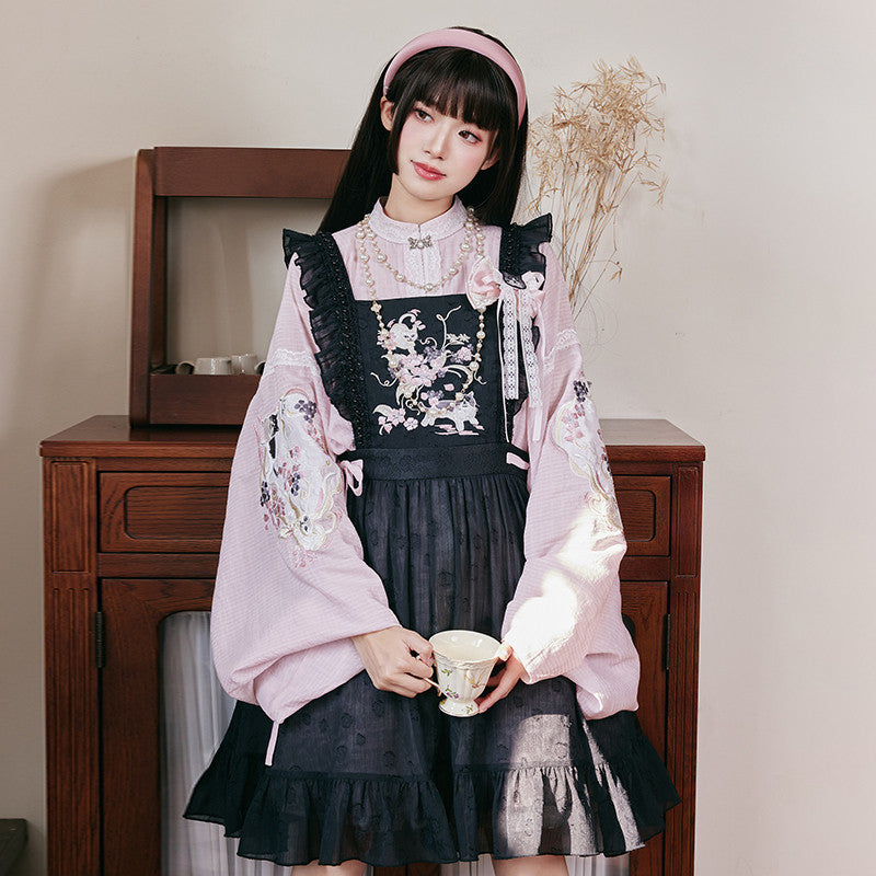 [Sweet & Cool Kitty] Modern Hanfu Set - Standing Collar Long Shirt & Over-Skirt - Neo-Chinese Daily Wear