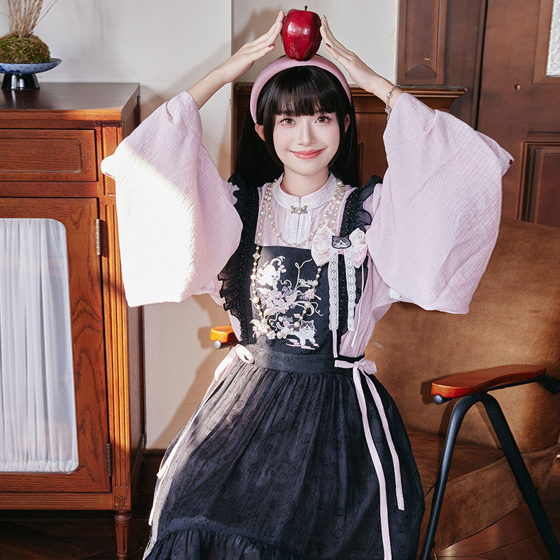 [Sweet & Cool Kitty] Modern Hanfu Set - Standing Collar Long Shirt & Over-Skirt - Neo-Chinese Daily Wear