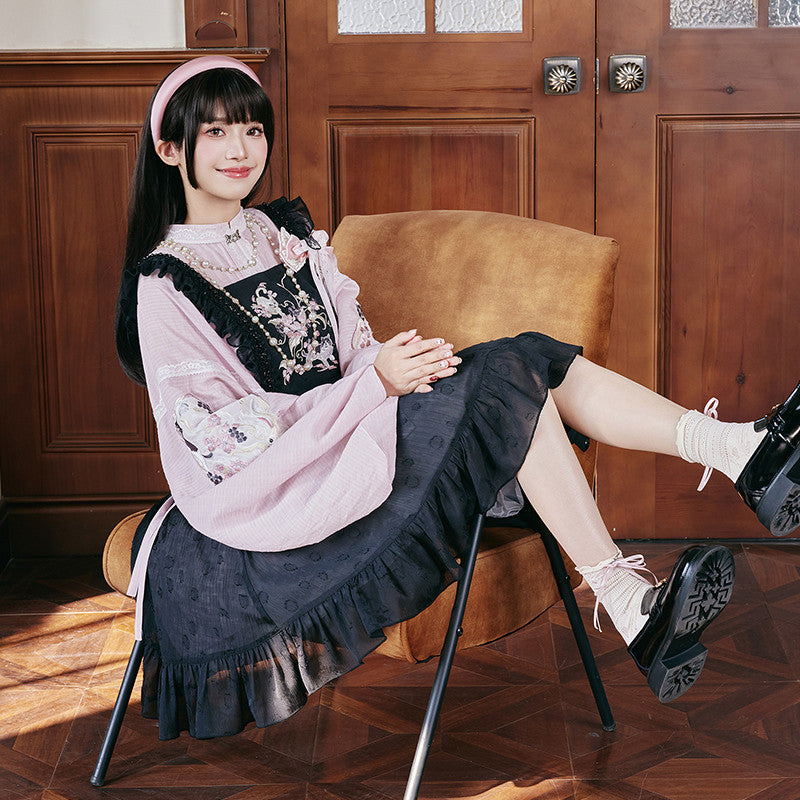 [Sweet & Cool Kitty] Modern Hanfu Set - Standing Collar Long Shirt & Over-Skirt - Neo-Chinese Daily Wear