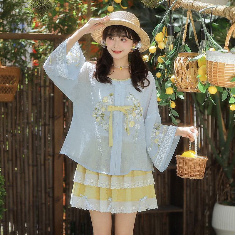 [Sea Salt Lemon] Modern Hanfu Set - Round Neck Shirt & Mini Skirt - Summer Neo-Chinese Daily Wear