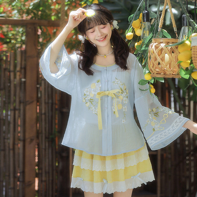 [Sea Salt Lemon] Modern Hanfu Set - Round Neck Shirt & Mini Skirt - Summer Neo-Chinese Daily Wear