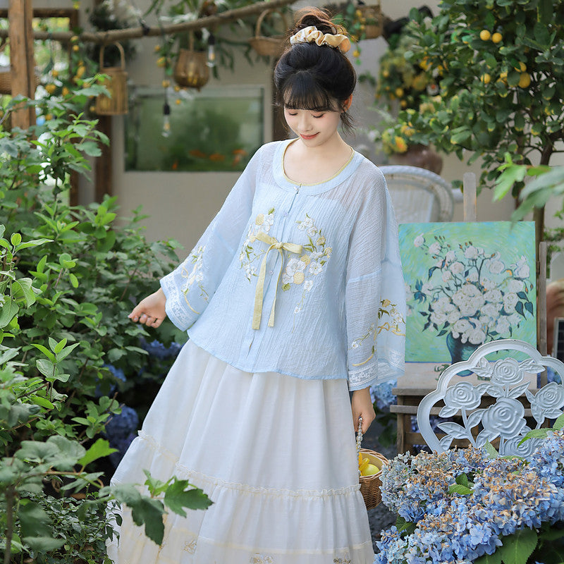 [Sea Salt Lemon] Modern Hanfu Set - Round Neck Shirt & Mini Skirt - Summer Neo-Chinese Daily Wear