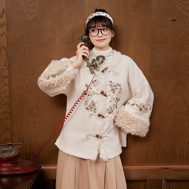 [金缕衣] 现代汉服秋冬夹棉袄裙 - 毛呢刺绣半袖衫 - 新中式外套