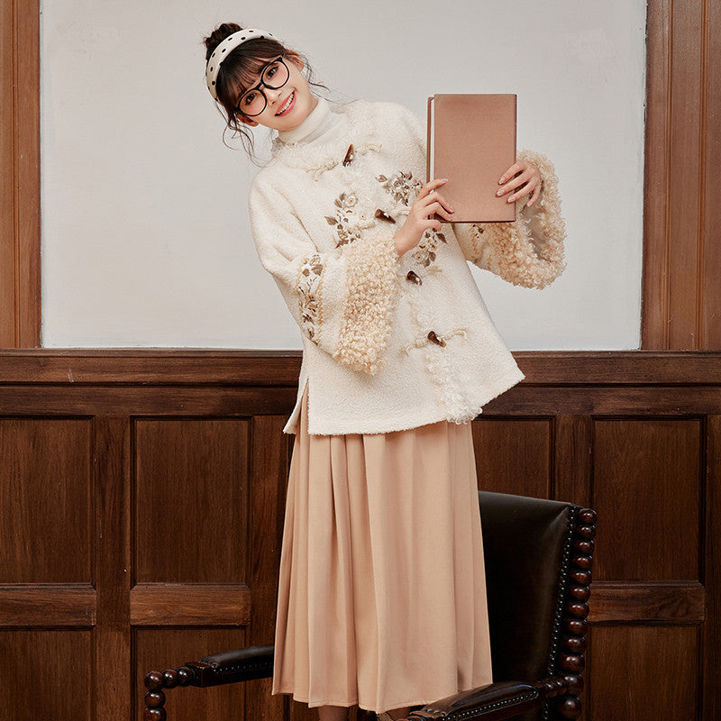 [金缕衣] 现代汉服秋冬夹棉袄裙 - 毛呢刺绣半袖衫 - 新中式外套