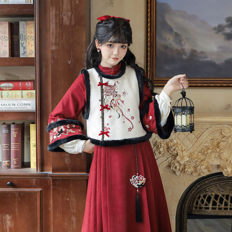 惜茜念红色改良汉服裙 - 刺绣比甲两件套 - 新年服装