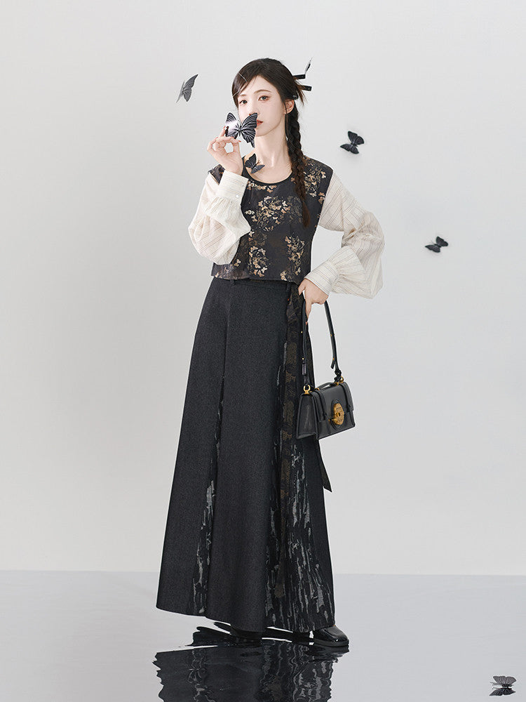 "Wu Xun Song" Modern Hanfu: Tanling Top & Pleated Skirt with Black Denim Set