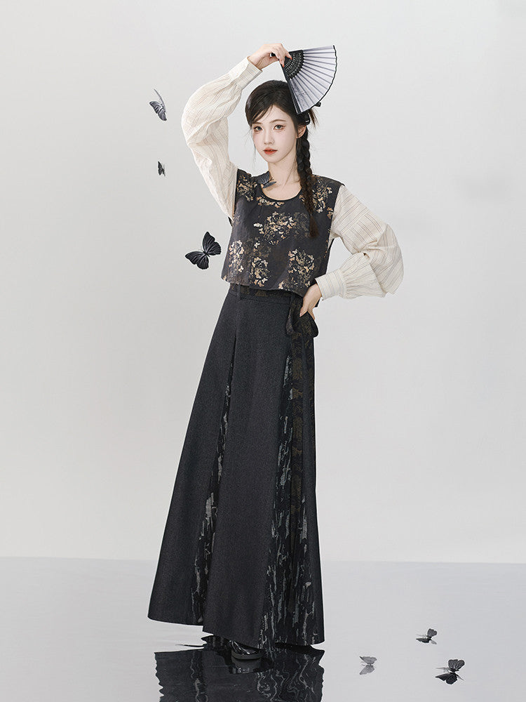 "Wu Xun Song" Modern Hanfu: Tanling Top & Pleated Skirt with Black Denim Set