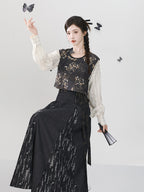 "Wu Xun Song" Modern Hanfu: Tanling Top & Pleated Skirt with Black Denim Set