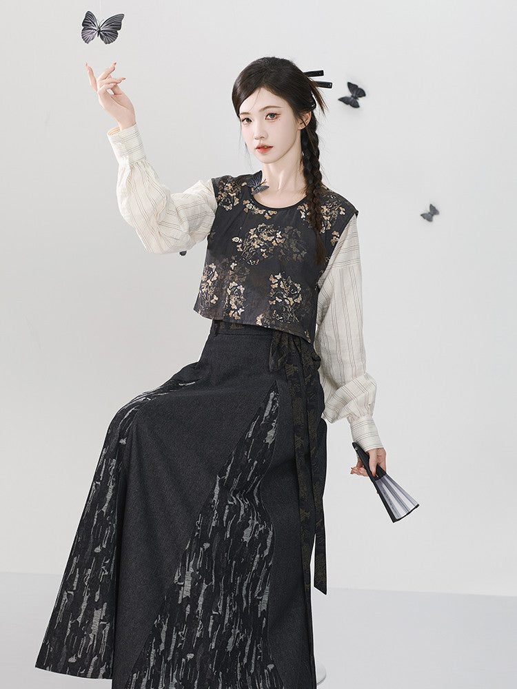 "Wu Xun Song" Modern Hanfu: Tanling Top & Pleated Skirt with Black Denim Set
