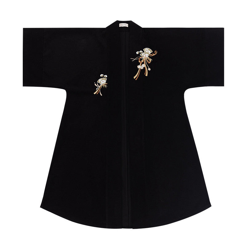 "Wu Xun Song" Modern Hanfu: Tanling Top & Pleated Skirt with Black Denim Set
