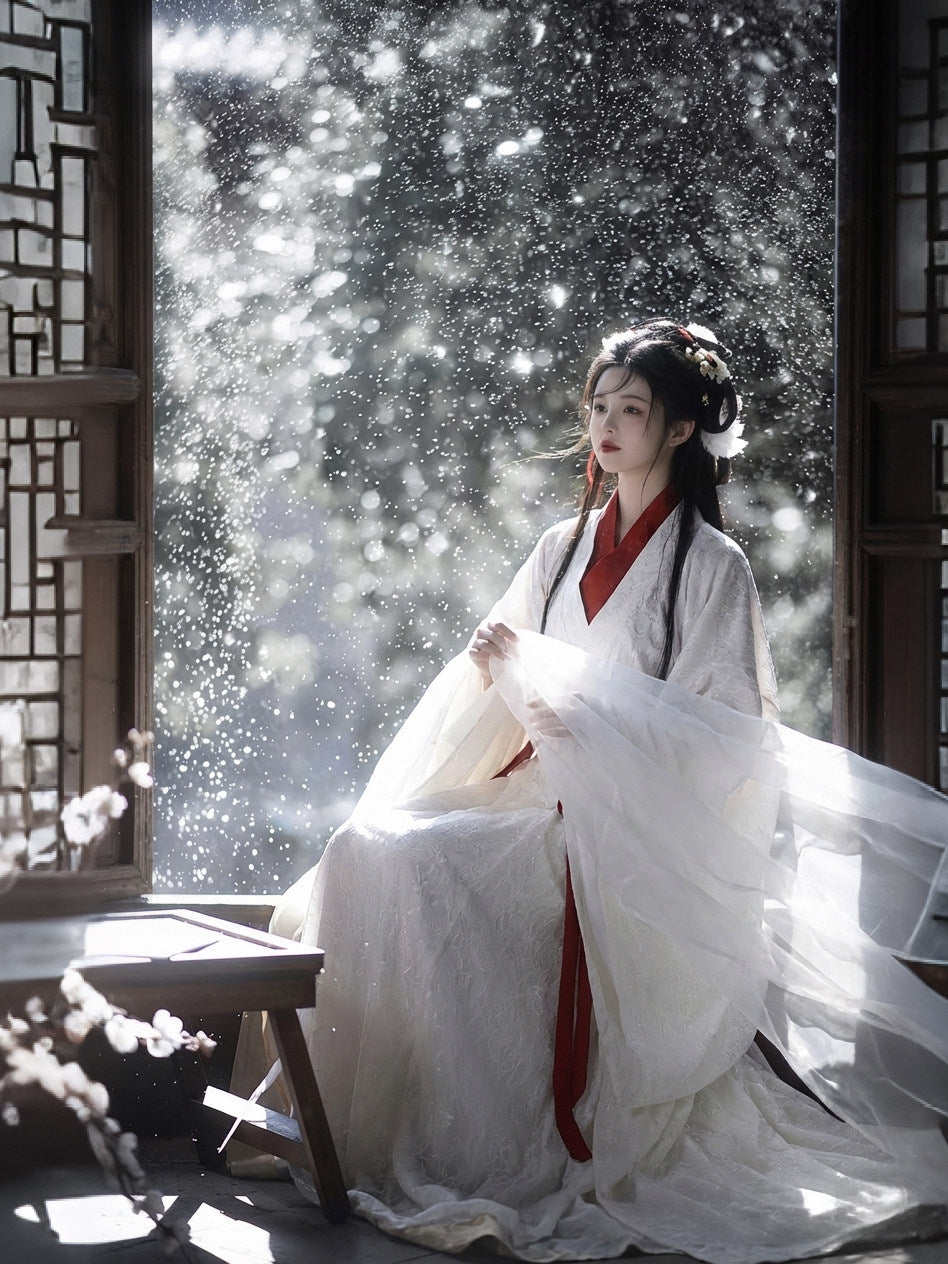 "Lace Zhiju" Warring States Hanfu: Red & White Long Train Robe Secondary image