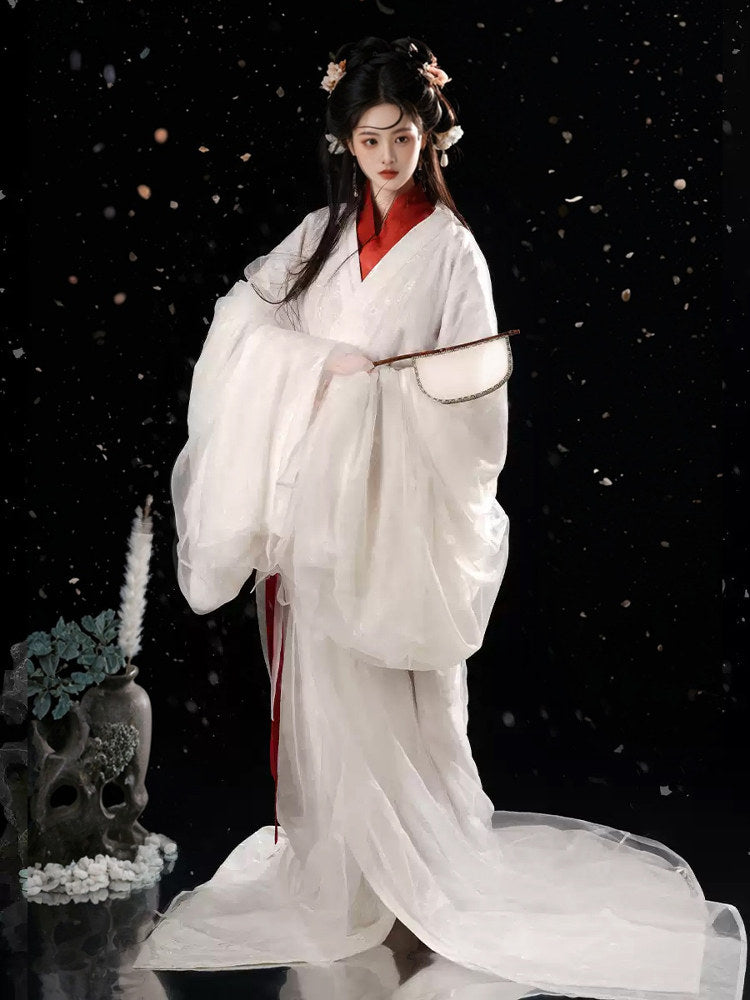 "Lace Zhiju" Warring States Hanfu: Red & White Long Train Robe Main image