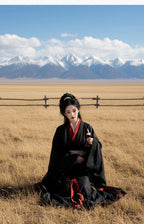 "Qi Ye Dan" Gothic Hanfu: Red & Black Long Train Zhiju Robe