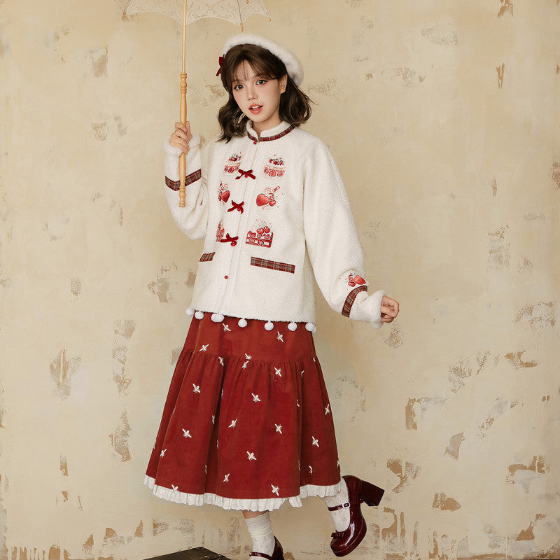 "French Sweet Dream" Strawberry Hanfu: Winter Plush Jacket Set Main image