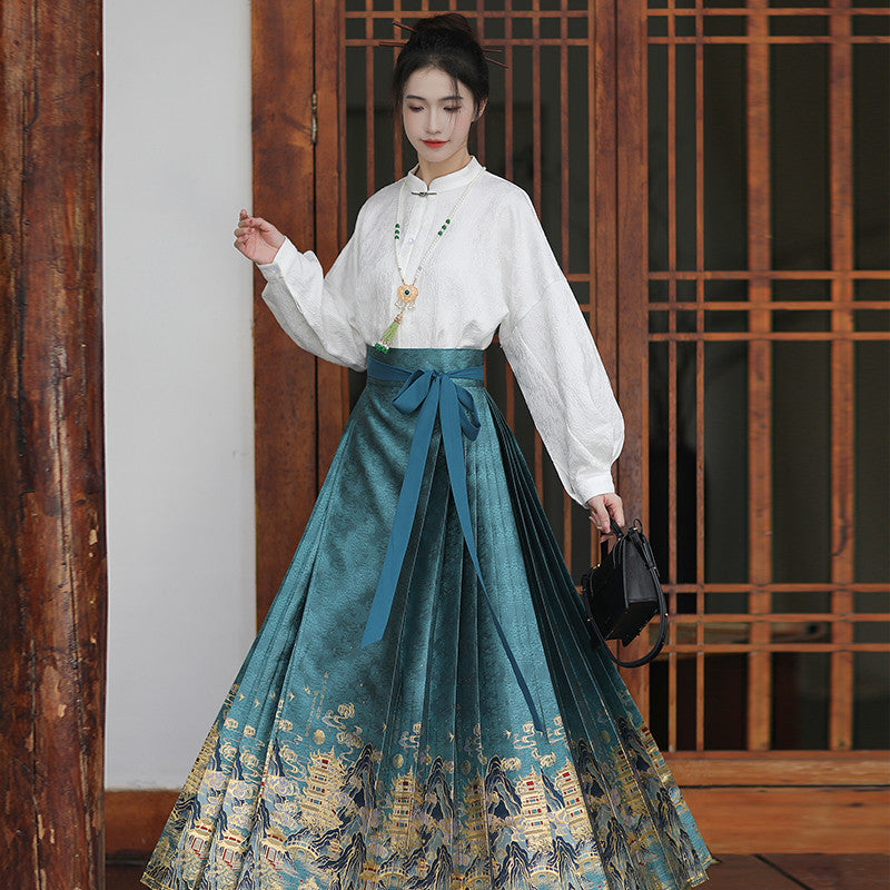 "Azure Reflections" Gold-Woven Mamian Skirt: Winter Hanfu Set